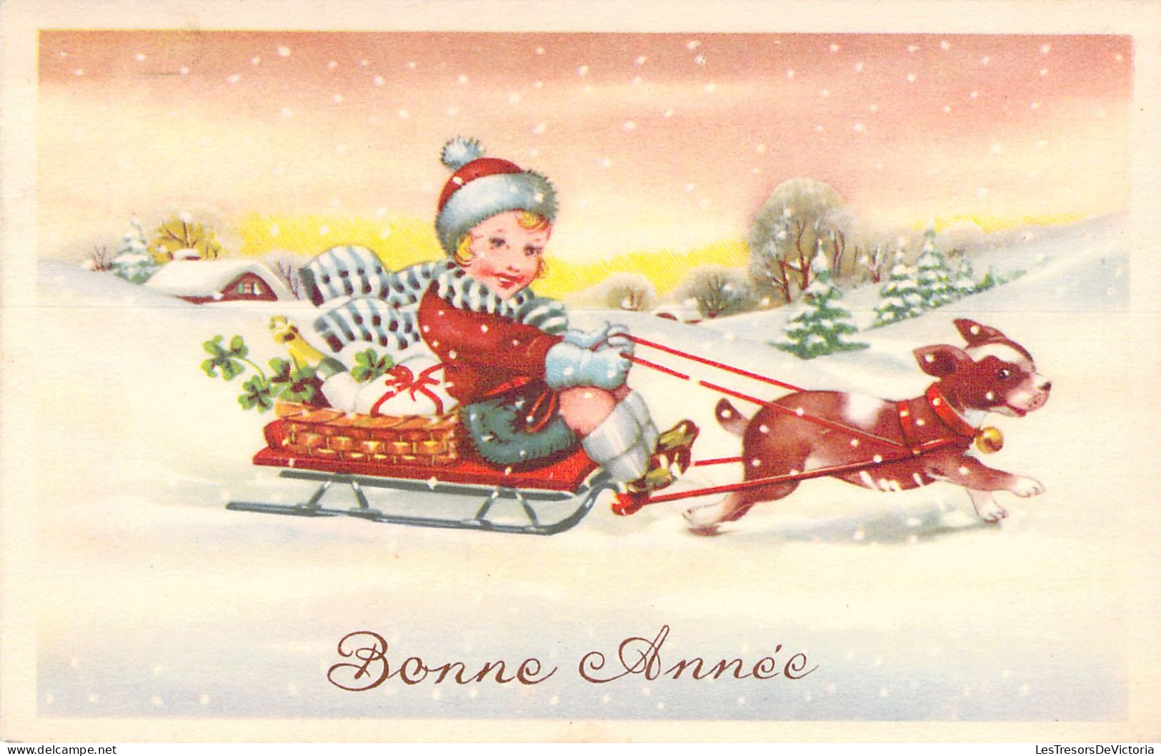 NOEL - Nouvel An - Illustration - Enfant Dans Sa Luge Tirée Par Son Chien - Carte Postale Ancienne - Neujahr