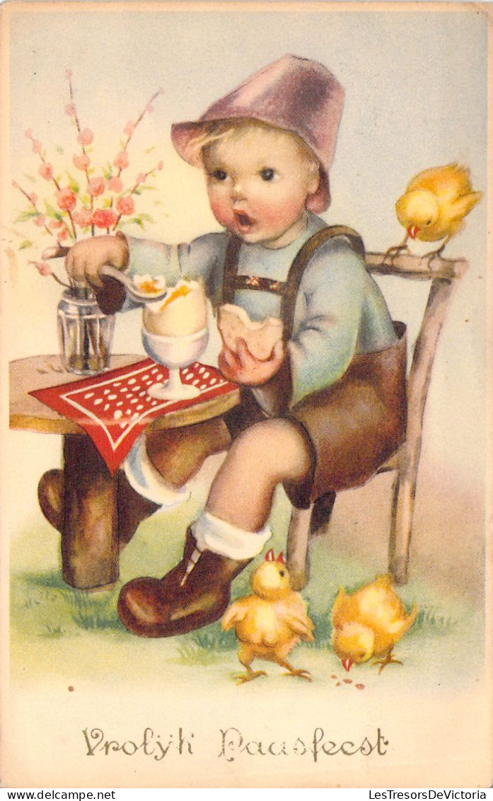 NOEL - Pâques - Enfant Mange Un Oeuf à La Coque Dans Le Jardin - Poussins - Carte Postale Ancienne - Pasen