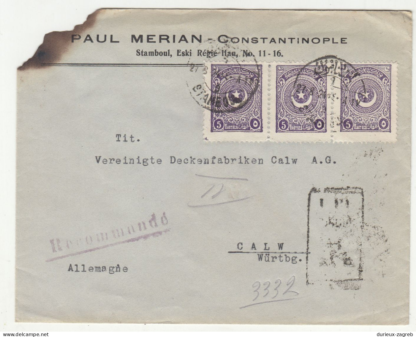 Paul Merian, Constantinople Company Letter Cover Posted Registered 1924 To Germany B230801 - Cartas & Documentos