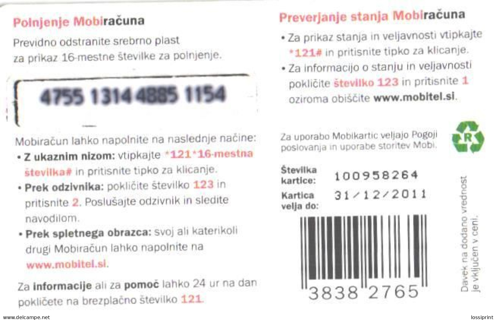 Slovenia:Used Phonecard, Mobi, 5 EUR, Bird, Lullula Arborea - Passereaux