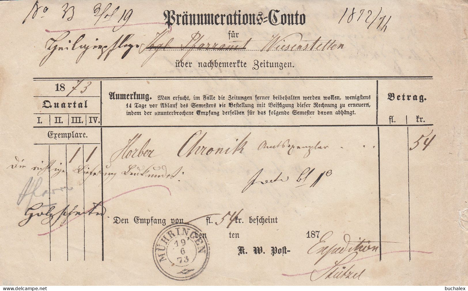 Pränumerations-Conto Zeitungswesen Aus Dem Jahr 1873 Von Mühringen - 1800 – 1899