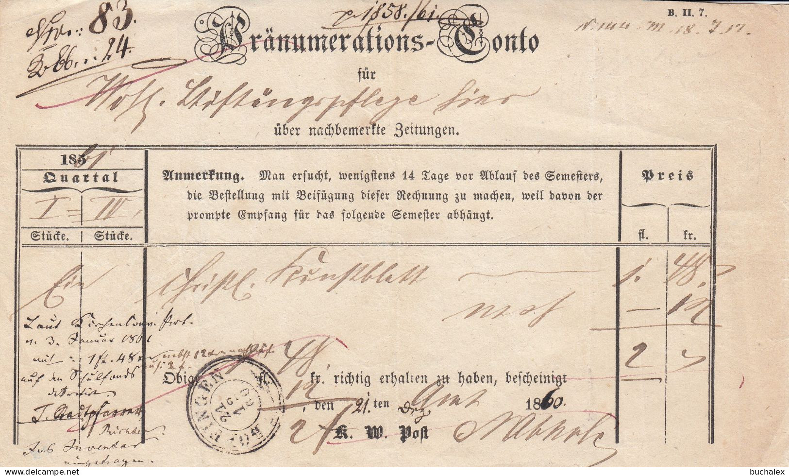 Pränumerations-Conto Zeitungswesen Aus Dem Jahr 1860 - 1800 – 1899