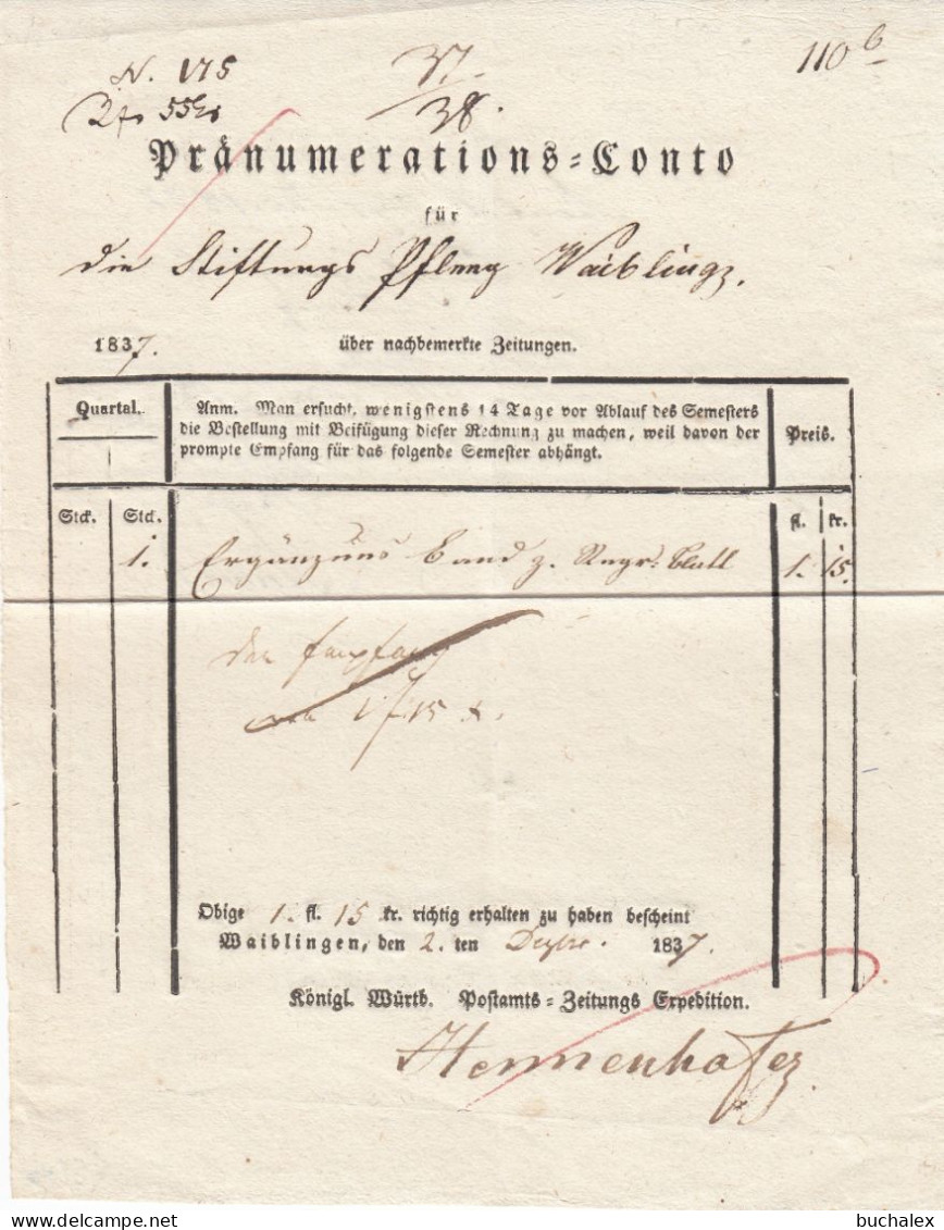 Pränumerations-Conto Zeitungswesen Aus Dem Jahr 1837 Von Waiblingen - 1800 – 1899