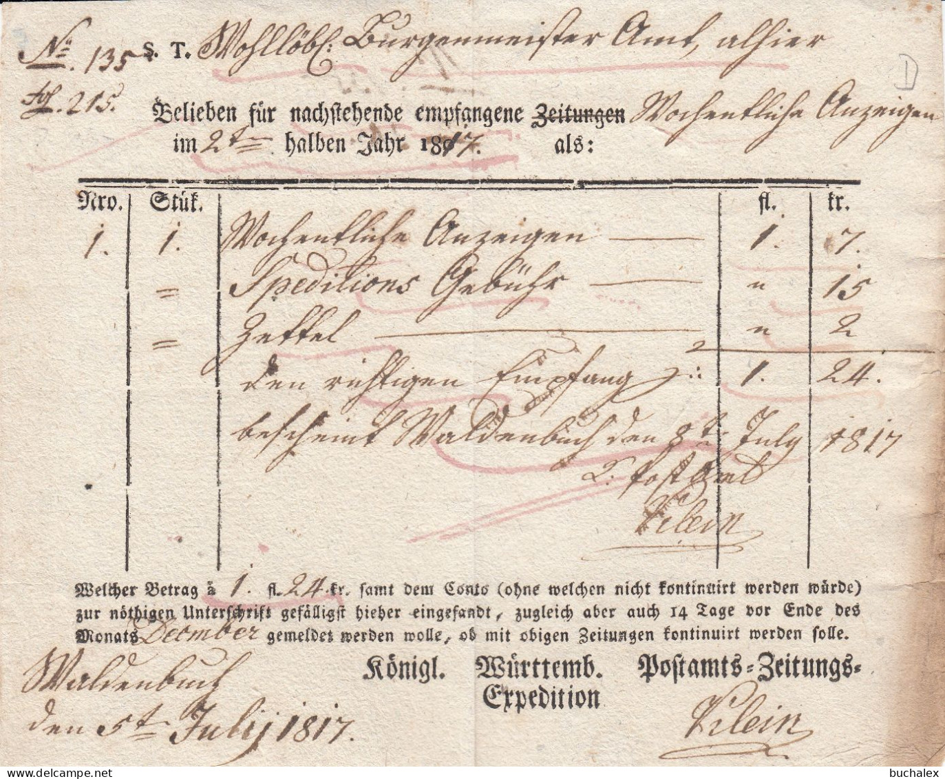 Pränumerations-Conto Zeitungswesen Aus Dem Jahr 1817 - 1800 – 1899