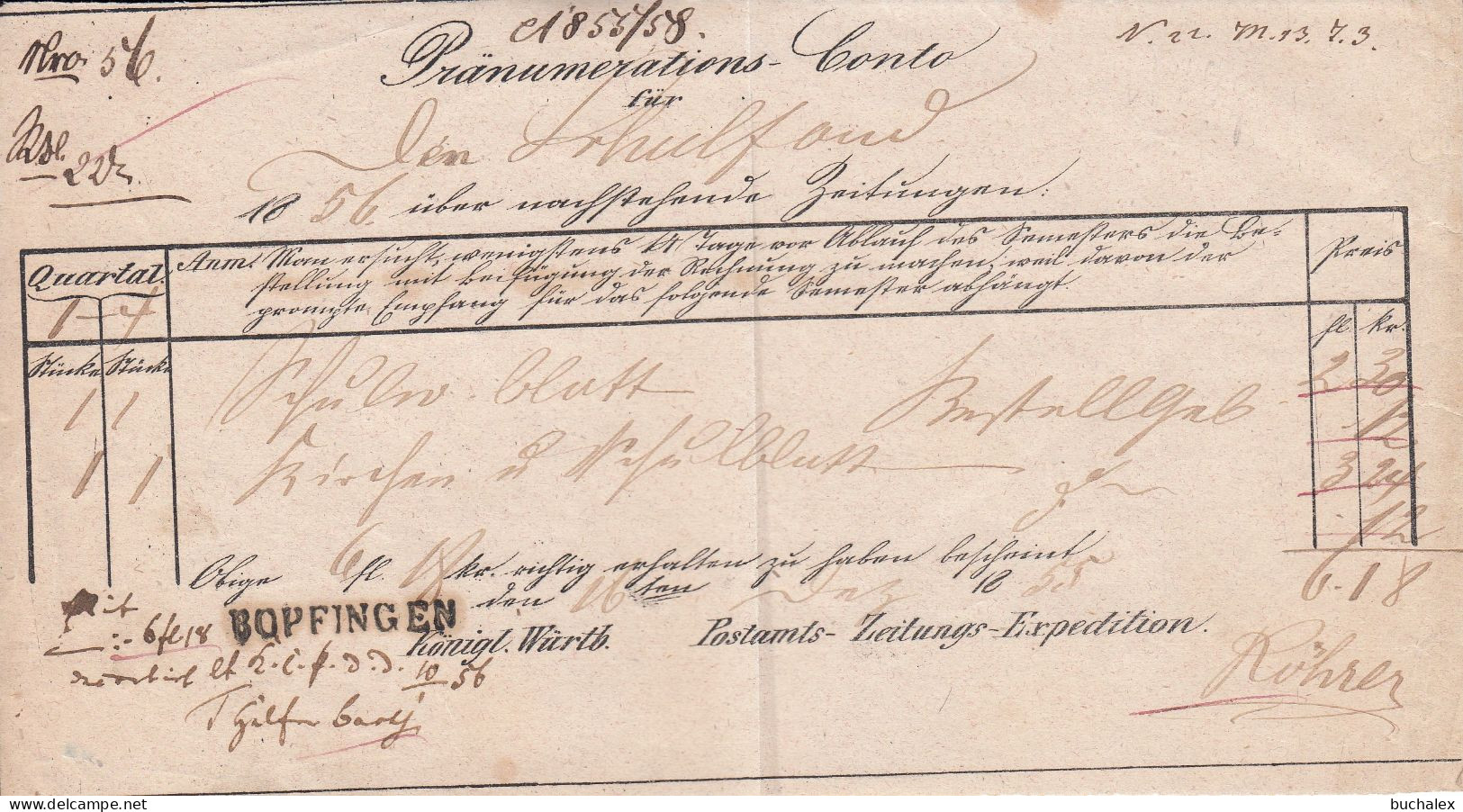 Pränumerations-Conto Zeitungswesen Aus Dem Jahr 1856 Von Bopfingen L1-Stpl. - 1800 – 1899