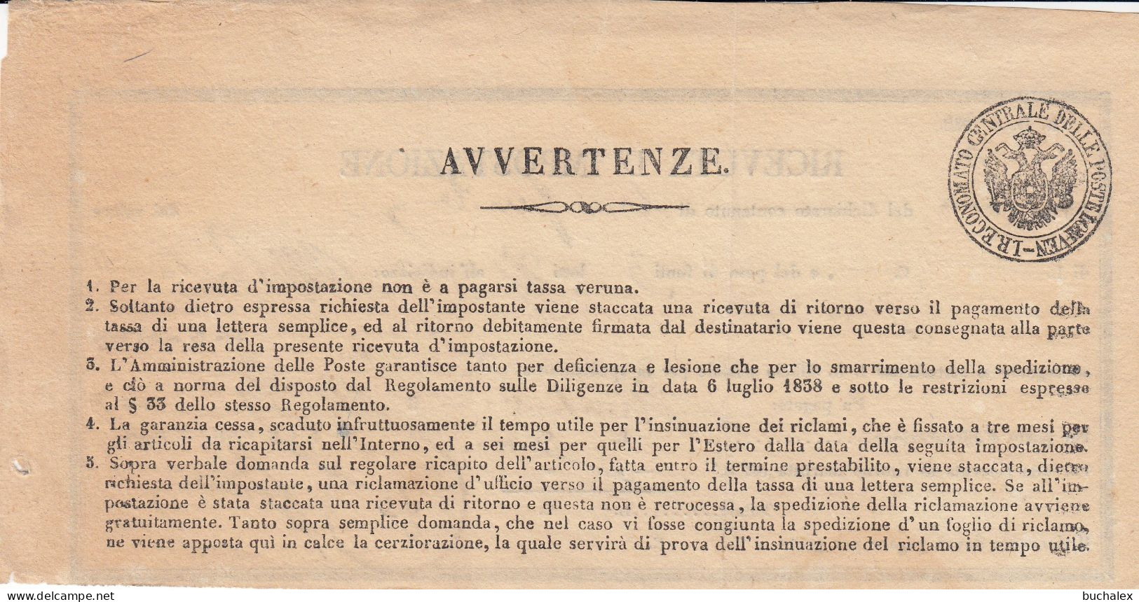 Italien Vorphilatelie Post-Einlieferungsschein Aus Dem Jahr 1857 - Zonder Classificatie