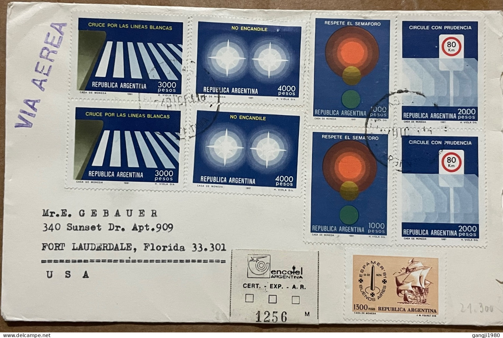 ARGENTINA 1981, REGISTER COVER, USED TO USA, 9 STAMP, TRAFFIC SIGNAL, ROAD SAFETY, FULL SET, LAUDERDALE CITY CANCEL. - Storia Postale