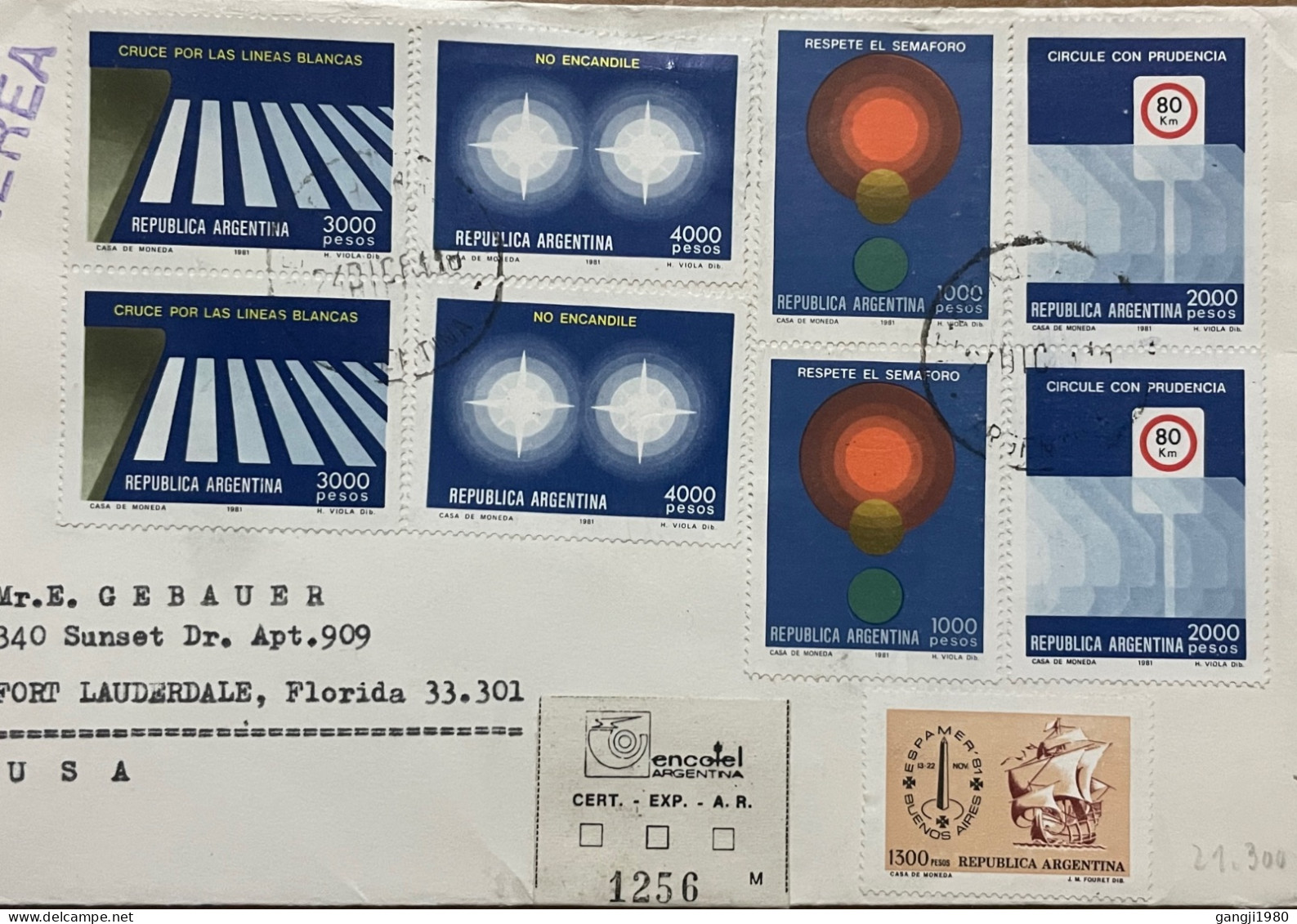 ARGENTINA 1981, REGISTER COVER, USED TO USA, 9 STAMP, TRAFFIC SIGNAL, ROAD SAFETY, FULL SET, LAUDERDALE CITY CANCEL. - Brieven En Documenten