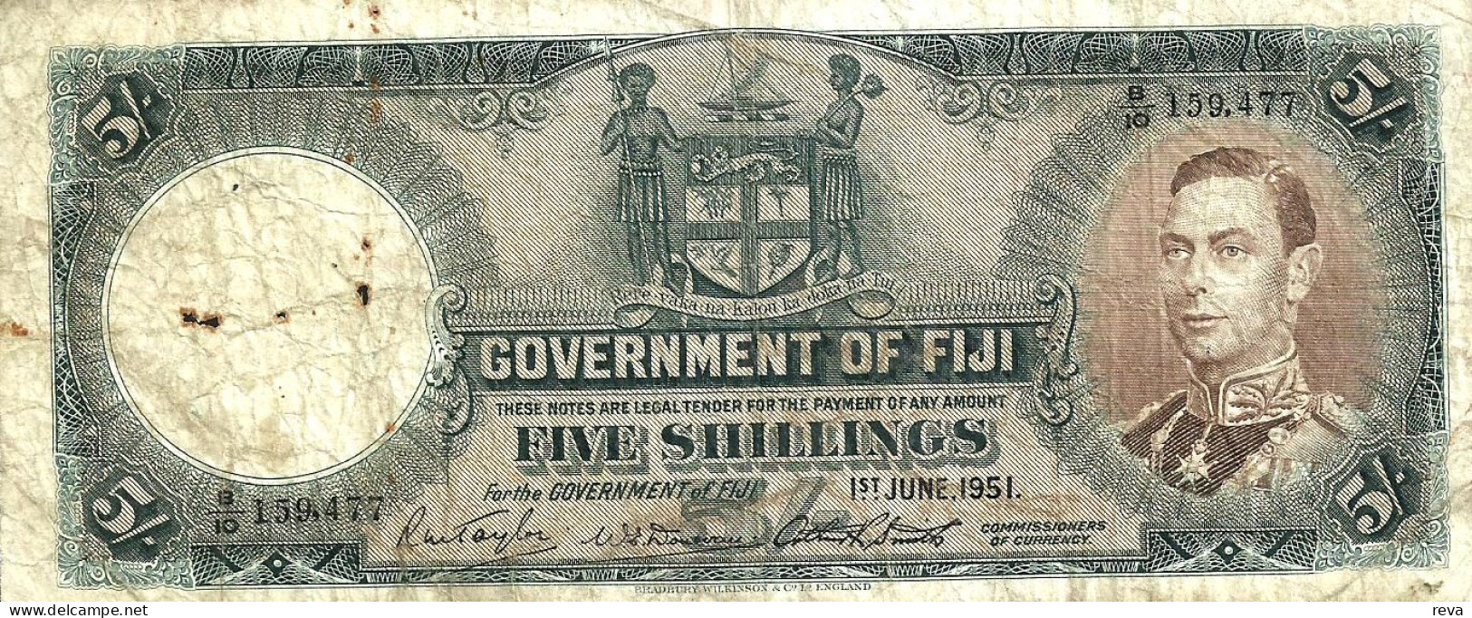 FIJI BRITISH 5 SHILLINGS BLUE KGVI HEAD FRONT & MOTIF BACK DATED 01-06-1951 P.37d F+ READ DESCRIPTION!! - Figi