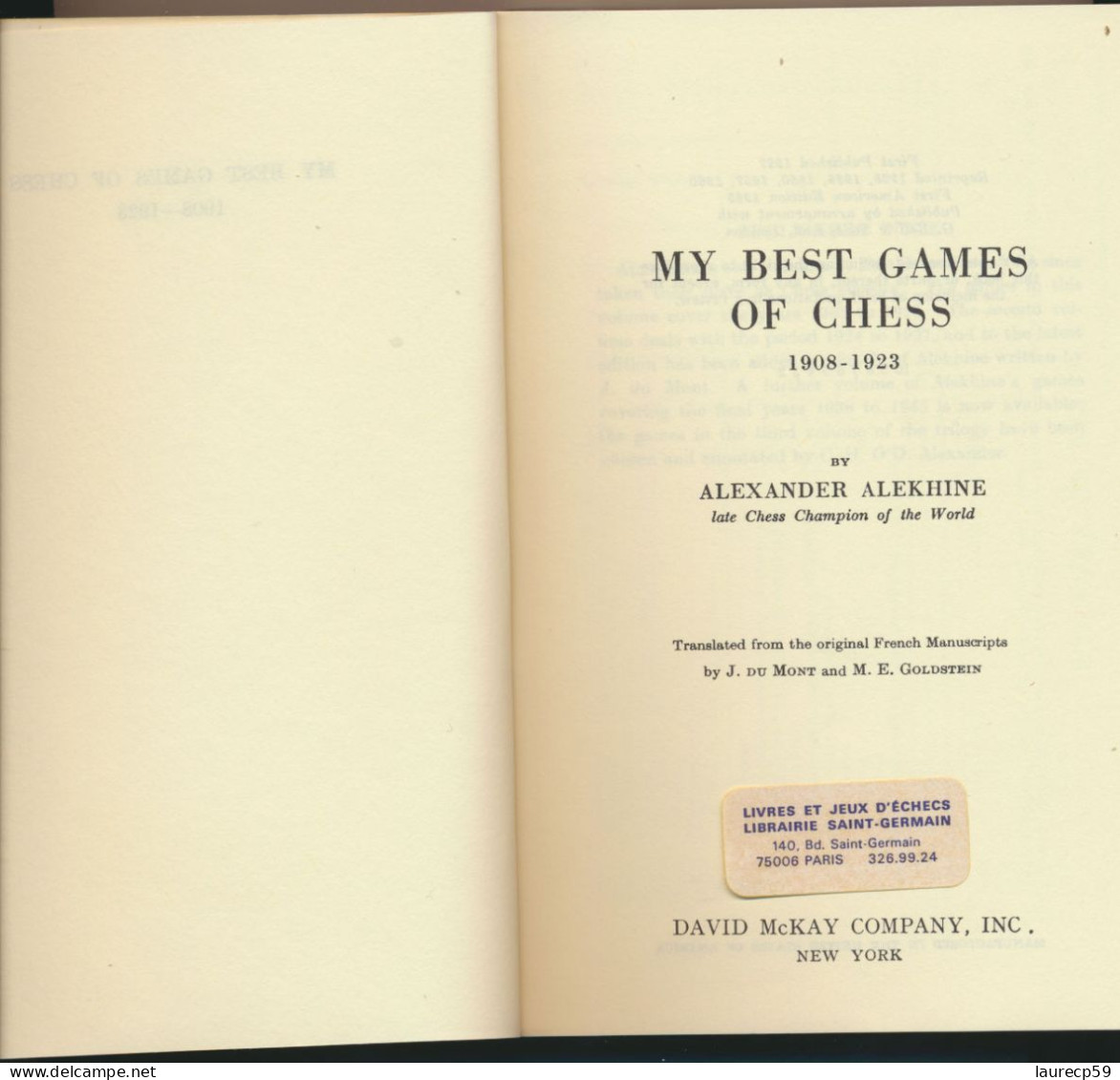 Livre ECHECS - A. ALEKHINE - My Best Games Of Chess - 1908 - 1923 - Jeux De Société