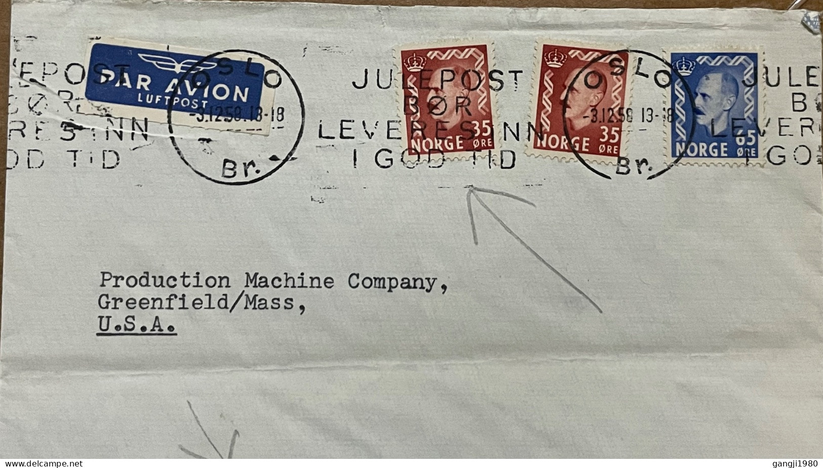 NORWAY 1958, COVER USED TO USA, SLOGAN, OSLO CITY,  JULEPOST BØR LEVERES INN GOD TID, SONNICHSEN RORVALSEVERKET FIRM. - Storia Postale