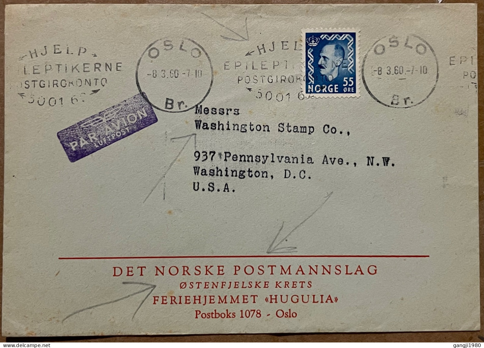 NORWAY 1960, COVER USED TO WASHINGTON STAMP CO,  POSTMAN HOLIDAY HOME, SLOGAN, HELP POSTAL GIRO ACCOUNT, - Briefe U. Dokumente