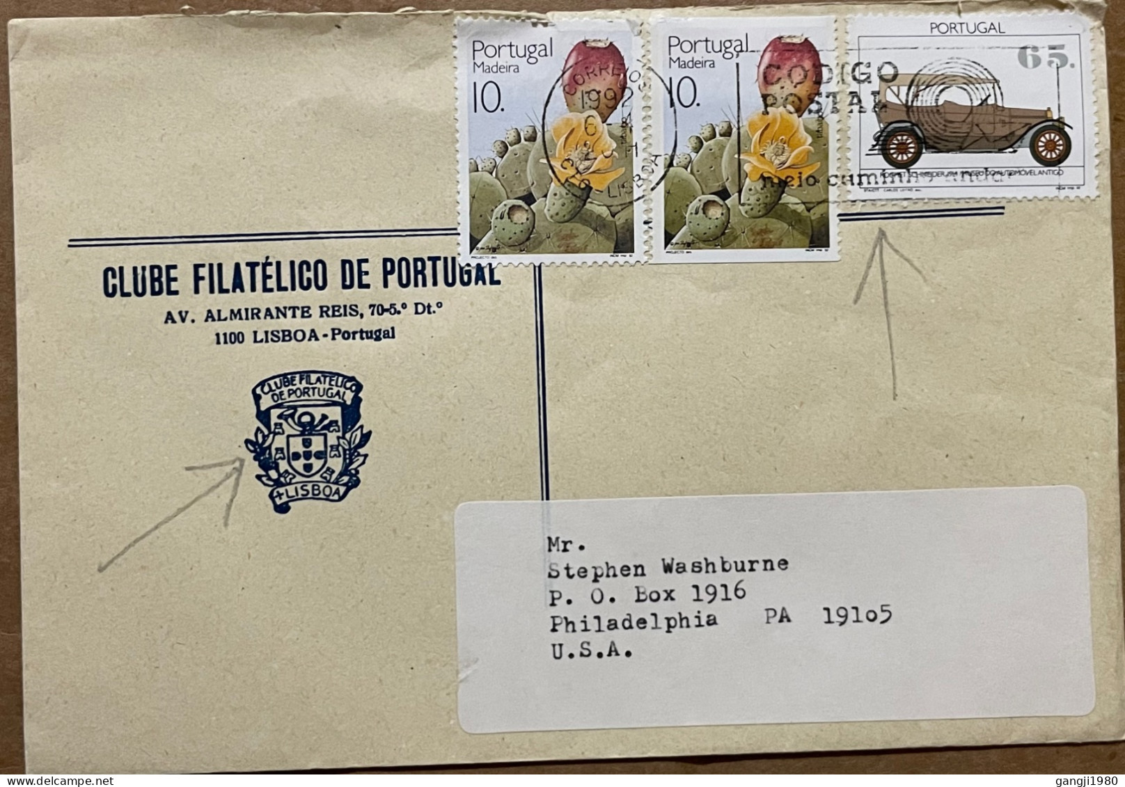 PORTUGAL MADEIRA 1992, COMBO COVER, FRUIT, PLANT, USED TO USA,  VINTAGE CAR, 3 STAM, PORTUGAL PHILATELY CLUB, LISBOA MAC - Cartas & Documentos