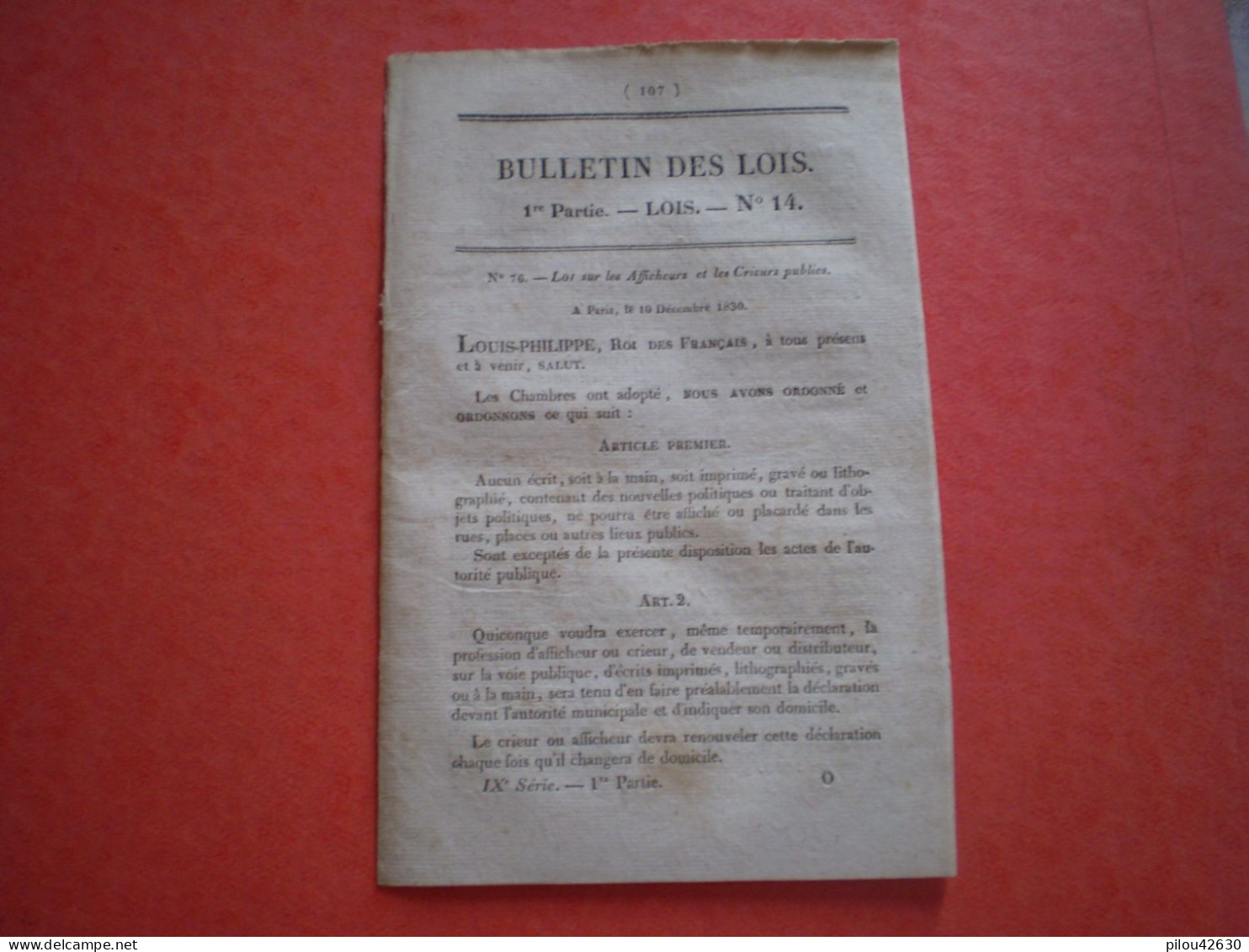 Bulletin Des Lois Sur Les Afficheurs Et Les Crieurs Publics Du 10 Décembre 1830. - Decreti & Leggi