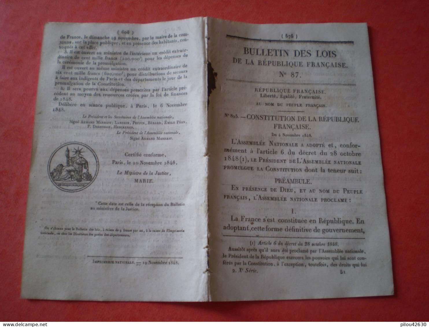 Bulletin Des Lois 1848: L'Assemblée Nationale Proclame La Constitution De La République Française Et Promulgation - Decreti & Leggi