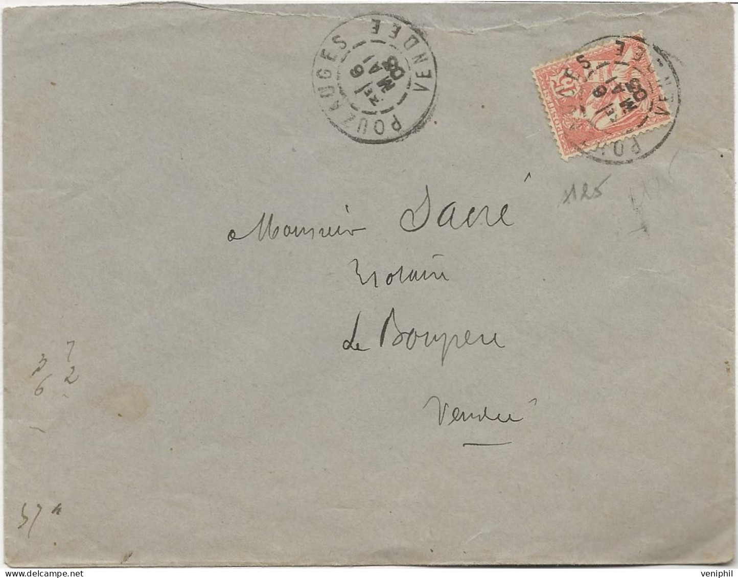 LETTRE AFFRANCHIE N° 125  OBLITEREE CAD POUZAUGES - VENDEE - 1905 - 1877-1920: Semi-Moderne