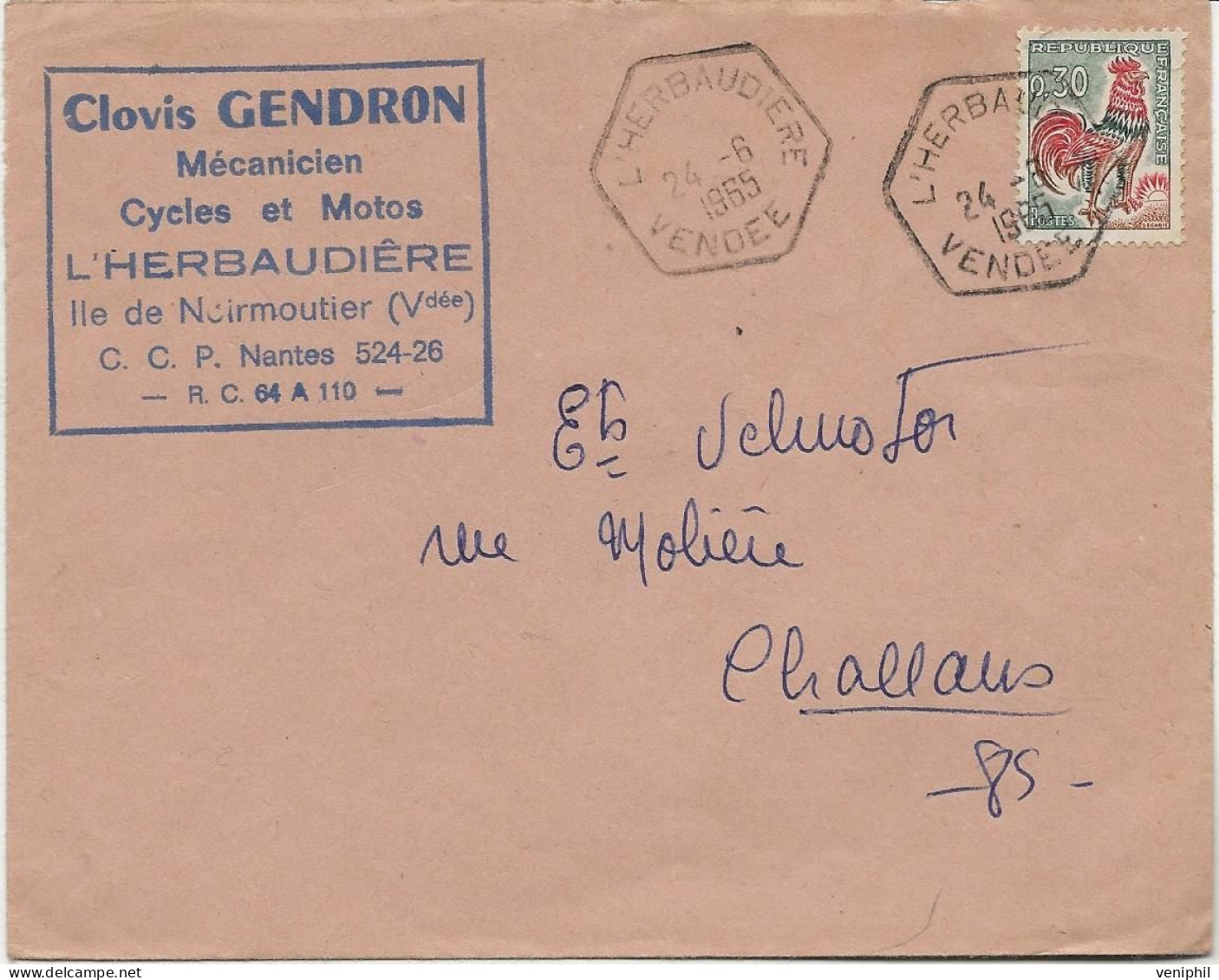 LETTRE AFFRANCHIE N° 1331 A  OBLITEREE CAD HEXAGONAL L'HERBAUDIERE - VENDEE- 1965 - 1877-1920: Semi-moderne Periode