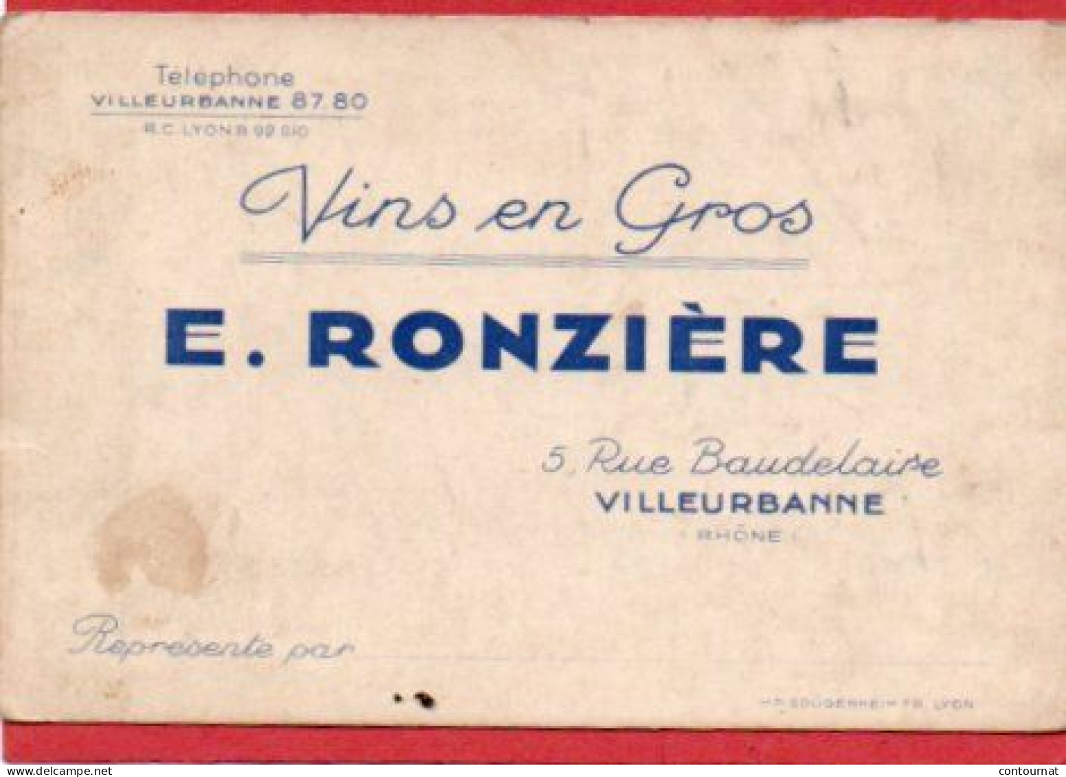 Carte De Visite 69 Rhône VILLEURBANNE Vins En Gros RONZIERE - F1 - Cartes De Visite