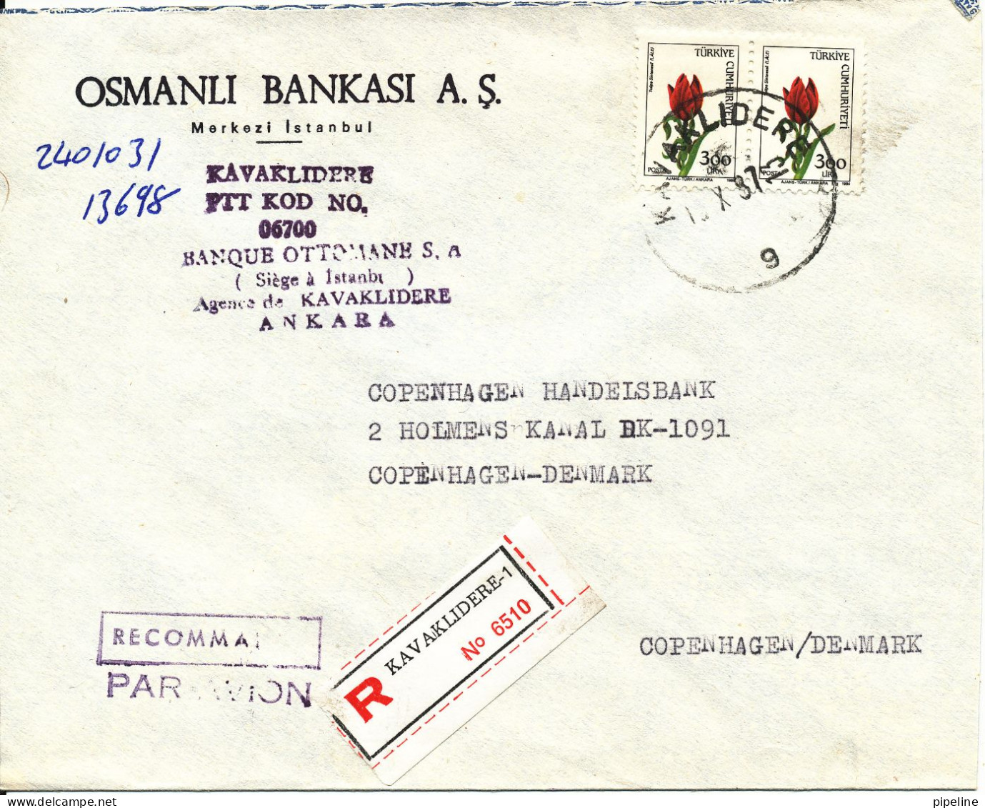 Turkey Registered Bank Cover Sent Air Mail To Denmark 1987 (Osmanli Bankasi A. S.) - Storia Postale