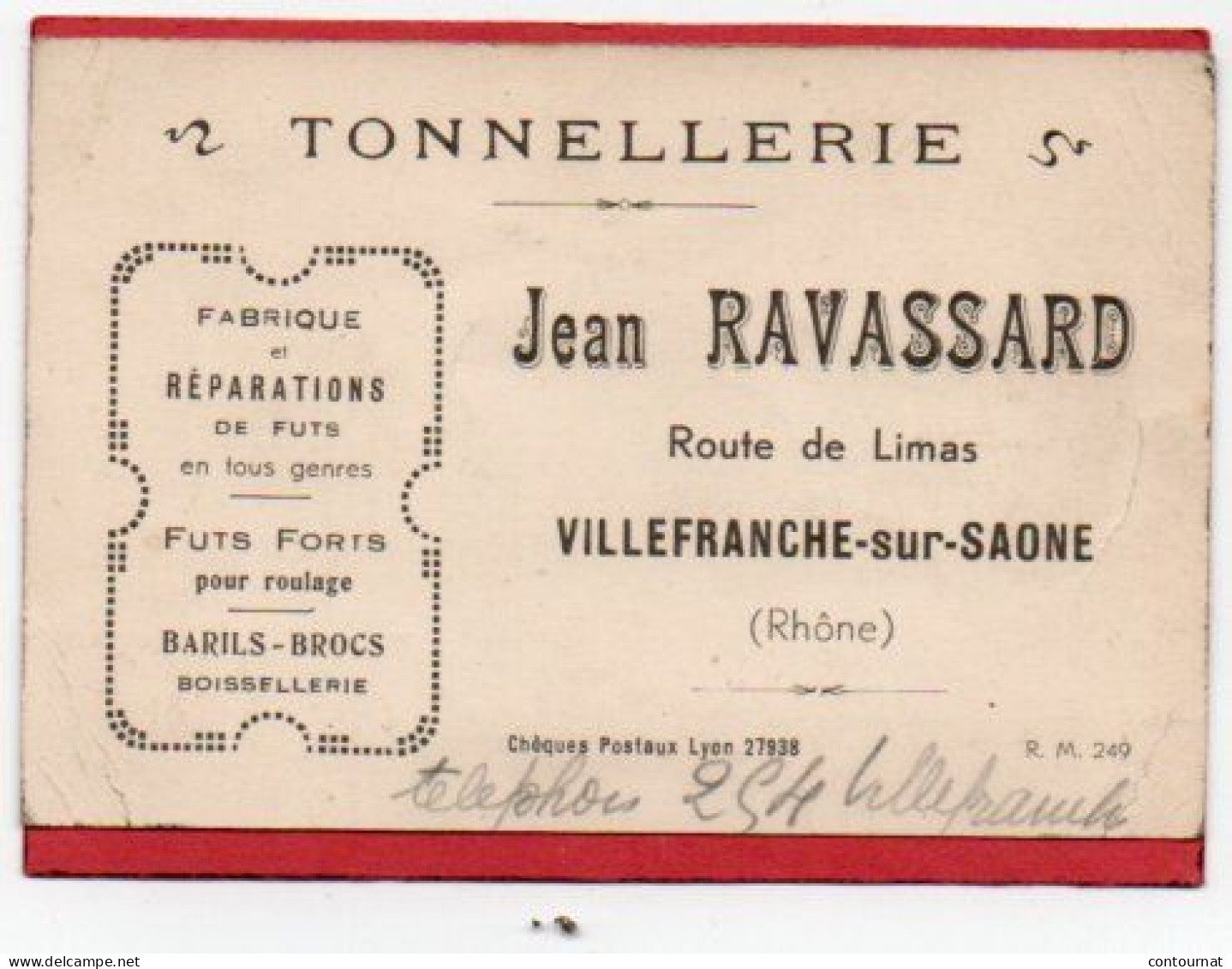 Carte De Visite 69 Rhône  VILLEFRANCHE SUR SAONE Tonnellerie Jean RAVASSARD  - F1 - Cartes De Visite