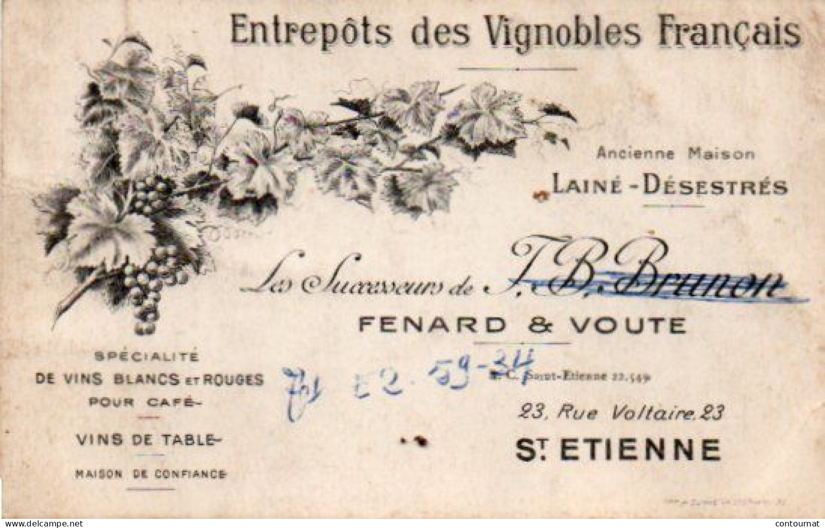 Carte De Visite 42 LOIRE St ETIENNE Saint Entrepots Des Vignobles Français Vins FENARD & VOUTE - F1 - Cartes De Visite