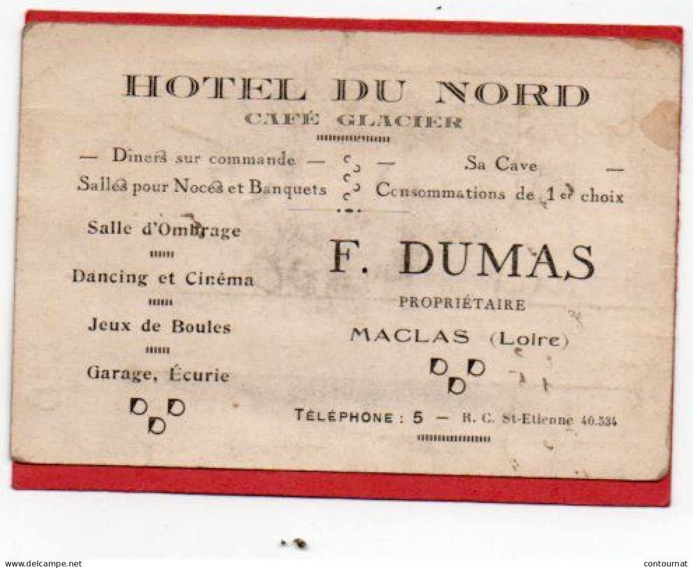 Carte De Visite 42 LOIRE MACLAS HOTEL DU NORD DUMAS - F3 - Cartes De Visite