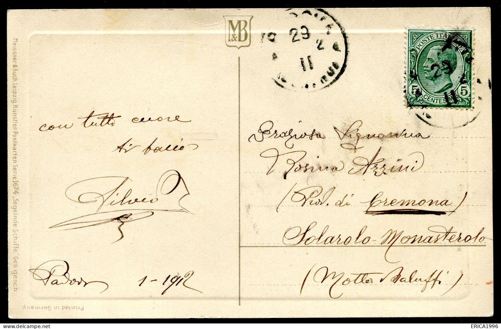 cV4002 NAVIGAZIONE BARCHE 4 cartoline di produzione tedesca, ill. H. Grande-T, FP, viaggiate 1912 da Padova a Solarolo M
