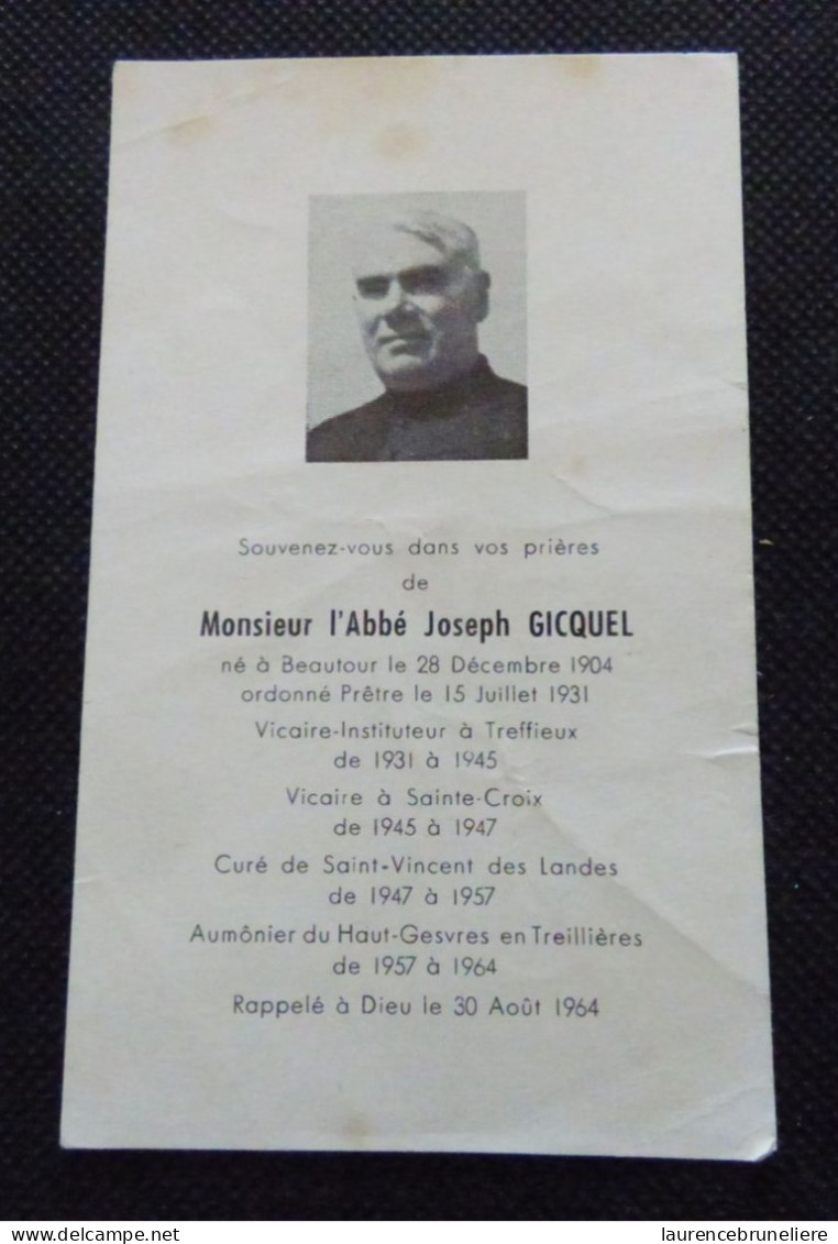 44 - TREFFIEUX - AVIS DE DECES - MONSIEUR L'ABBE JOSEPH GICQUEL DCDLE 30 AOUT 1964 - Todesanzeige