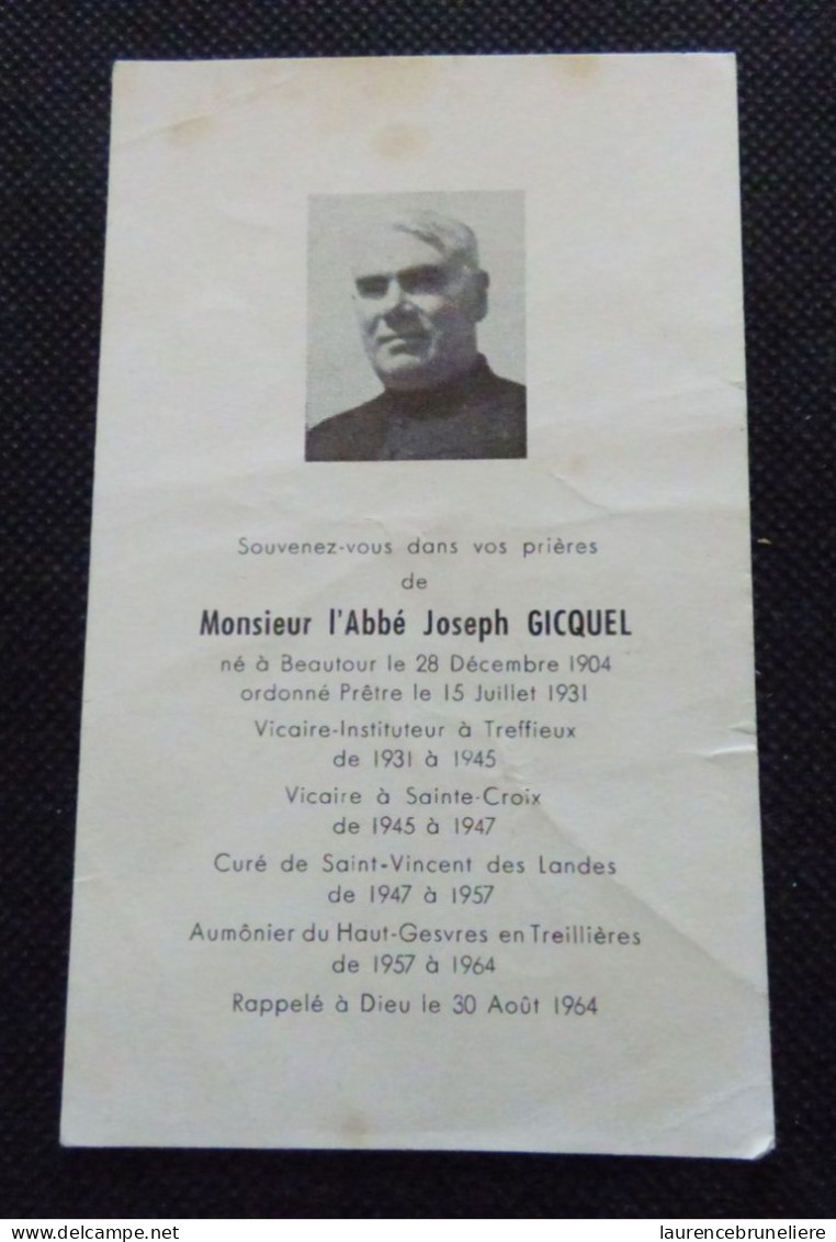 44 - TREFFIEUX - AVIS DE DECES - MONSIEUR L'ABBE JOSEPH GICQUEL DCDLE 30 AOUT 1964 - Obituary Notices