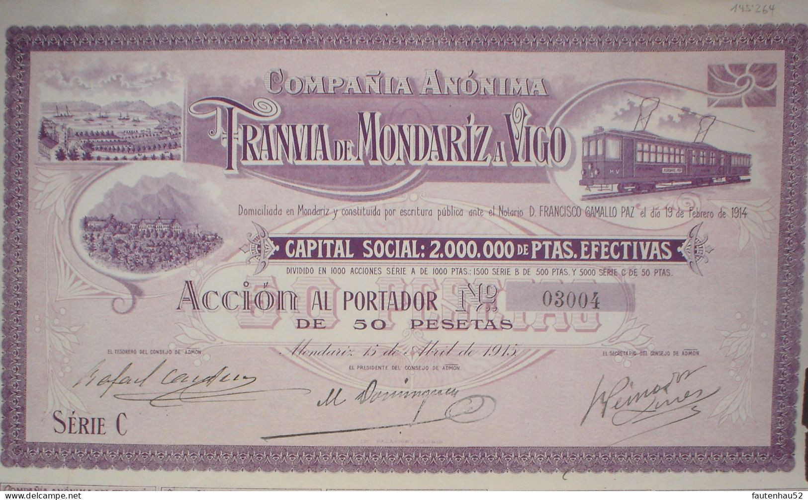 Tranvia De Mondariz A Vigo 50 Ptas, 1915  Uncancelled + Coupon Sheet - Cinema & Teatro