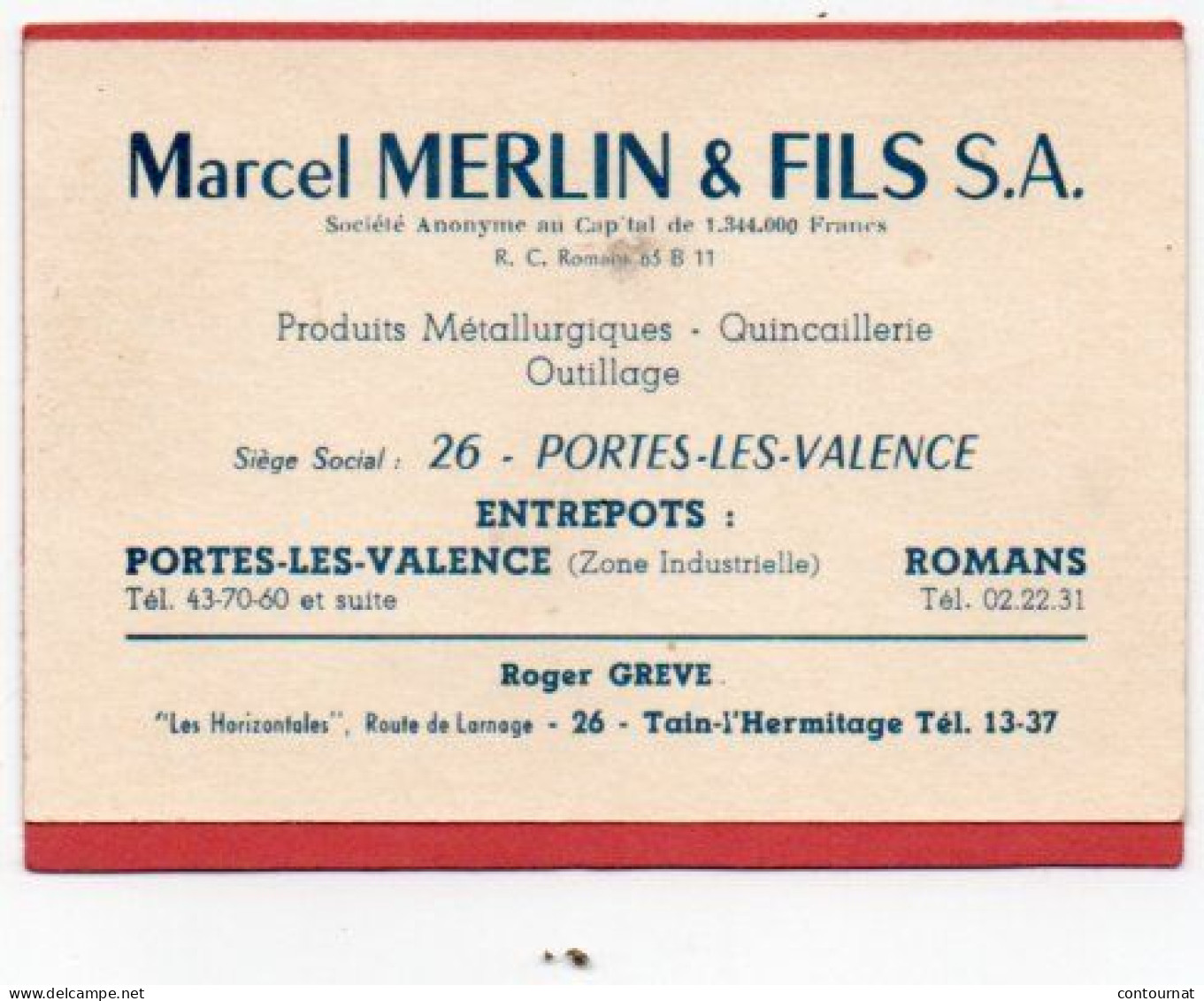 Carte De Visite 26 DROME PORTES LES VALENCE ROMANS  Produits Métallurgiques Marcel MERLIN  - F3 - Cartes De Visite