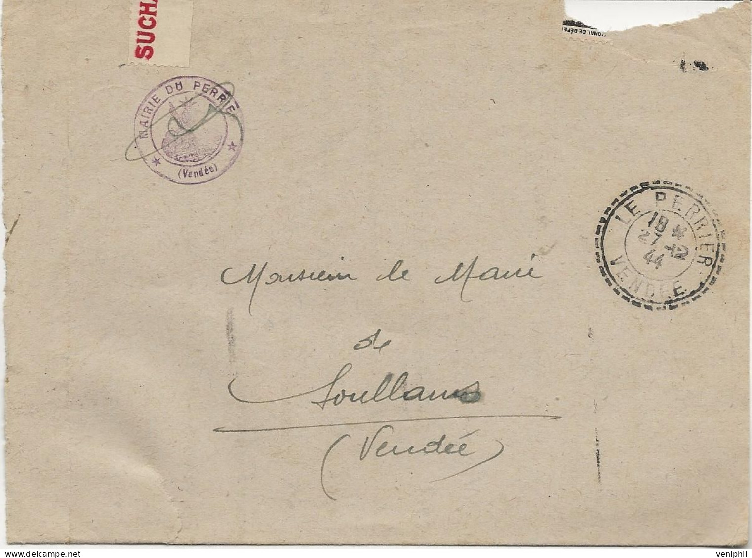 LETTRE  EN FRANCHISE AVEC OBLITERATION PERLEE  - LE PERRIER - VENDEE -1944 - 1921-1960: Modern Period