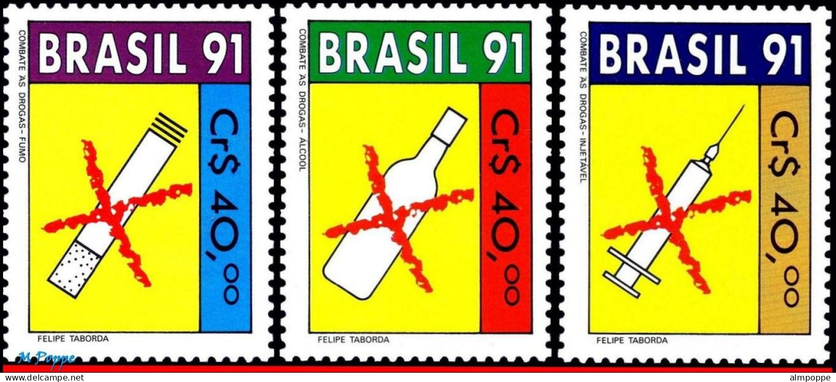 Ref. BR-2309-11 BRAZIL 1991 - FIGHT AGAINST DRUGS,TOBACCO, MI# 2407-09, SET MNH, HEALTH 3V Sc# 2309-2311 - Droga