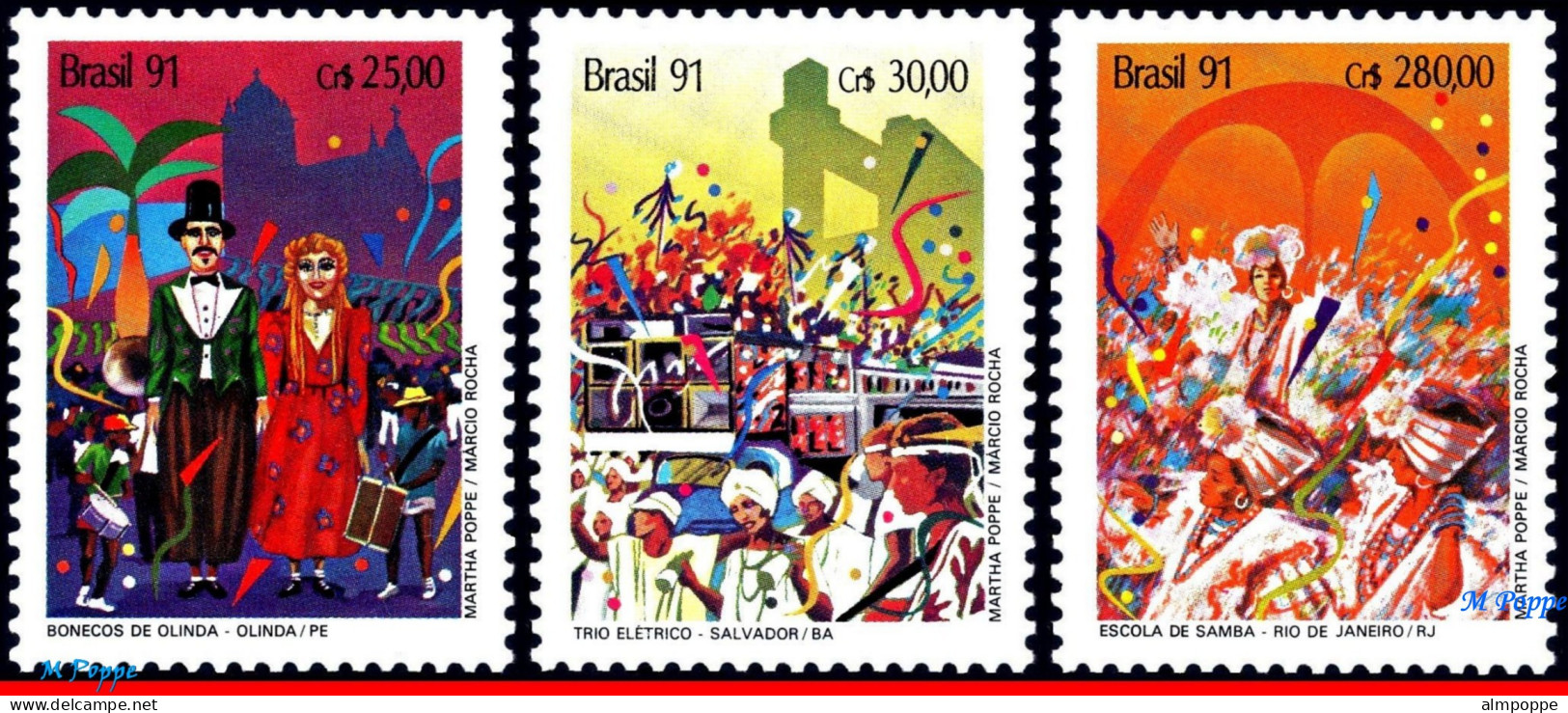 Ref. BR-2301-03 BRAZIL 1991 - CARNIVAL, OLINDA, RIO &SALVADOR, DANCE, MI# 2399-01, MNH, MUSIC 3V Sc# 2301-2303 - Carnevale