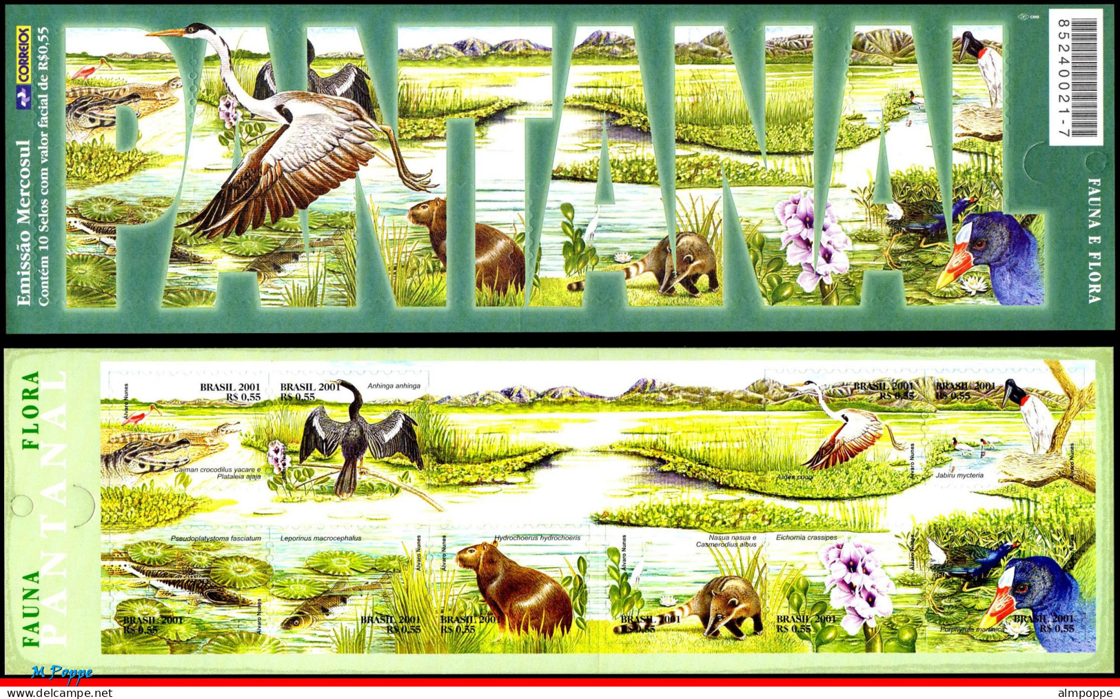 Ref. BR-2826 BRAZIL 2001 - PANTANAL, BIRD,FISH,MERCOSUL,MI# 3197-06,NO FOLDED MNH, ANIMALS, FAUNA 10V Sc# 2826 - Postzegelboekjes