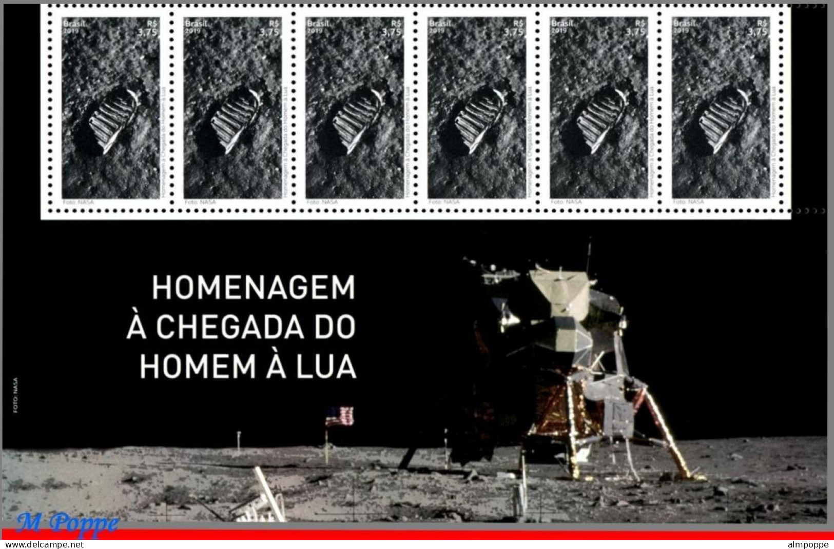 Ref. BR-V2019-13-B BRAZIL 2019 - TRIBUTE TO LUNAR LANDINGMISSION, MOON, APOLLO 11, STRIP MNH, SPACE EXPLORATION 6V - Etats-Unis