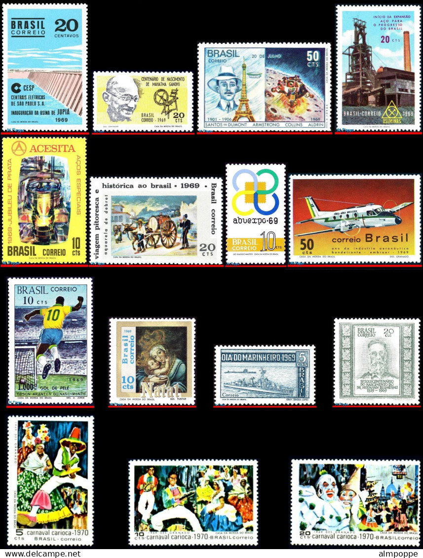 Ref. BR-Y1969-S BRAZIL 1969 - ALL COMMEMORATIVE STAMPSOF THE YEAR, SCOTT VALUE $48.55, ALL MNH, . 37V - Années Complètes