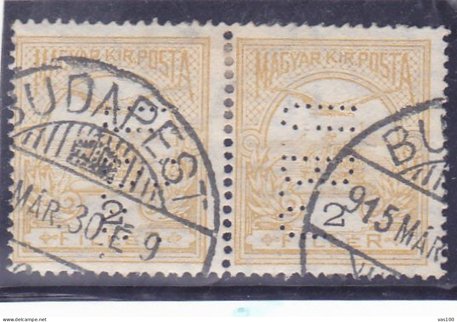 Perfin Perfores Perforiert Perforati Perforadas Hungary Ungarn Hongrie Ungheria PATENT "COMMERCIAL" STAMPS IN PAIR. - Perfins