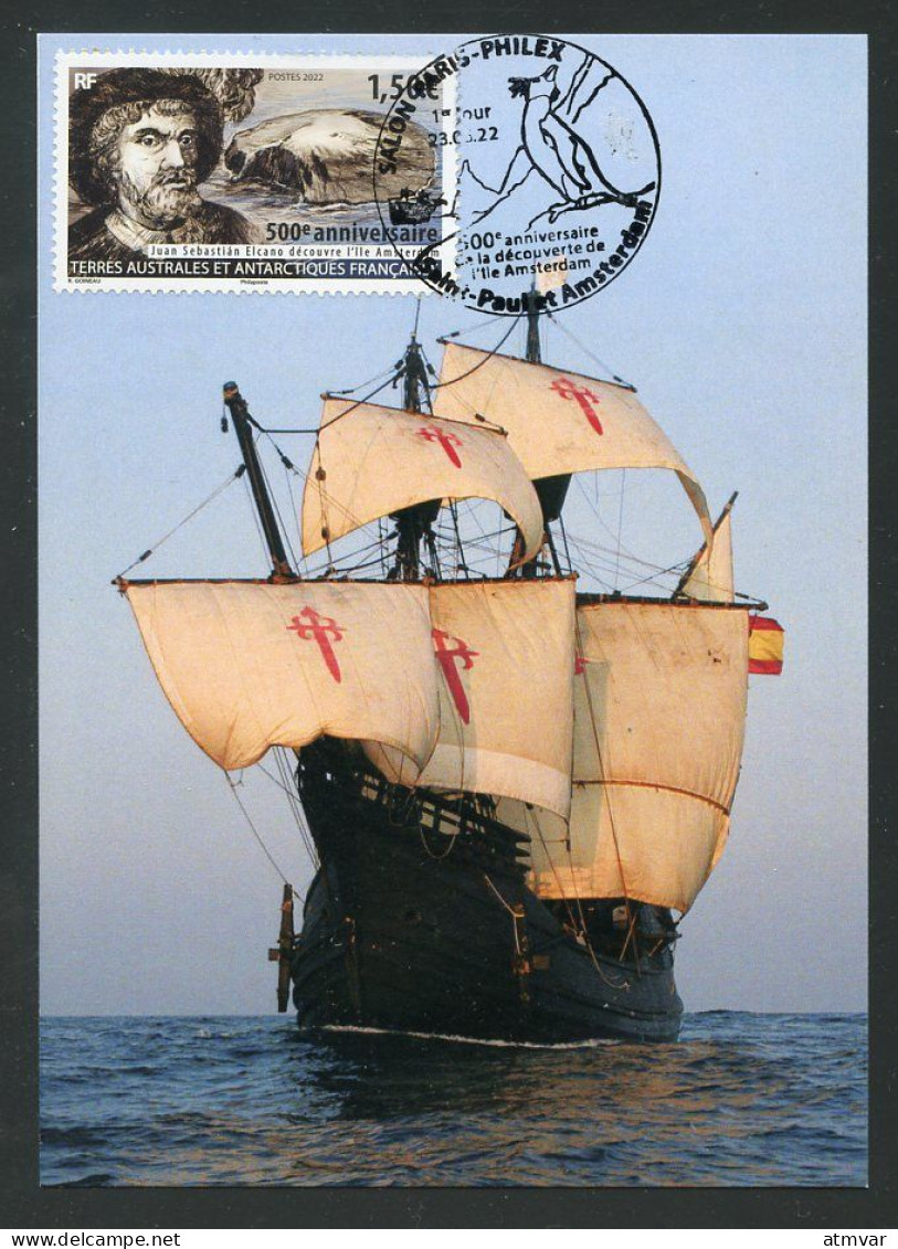 TAAF (2022) Carte Maximum Card - Juan Sebastián Elcano Découvre L'île Amsterdam à Bord Du Nao Victoria, 1522 500e Anniv. - Sonstige & Ohne Zuordnung