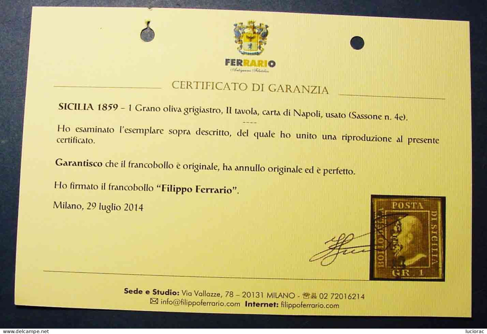 REGNO DI SICILIA - 1 GRANI - 3a TAV. OLIVA GRIGIASTRO CERTIFICATO.(Q073) - Sicilië