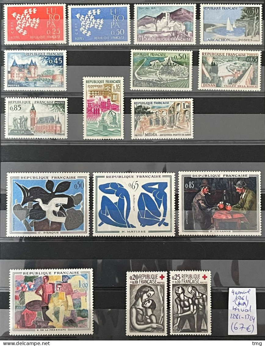 1961 (**) MNH Année Complète YT 1281 A 1324 44 Timbres (côte 67 Euros) France – 4amscol - 1960-1969