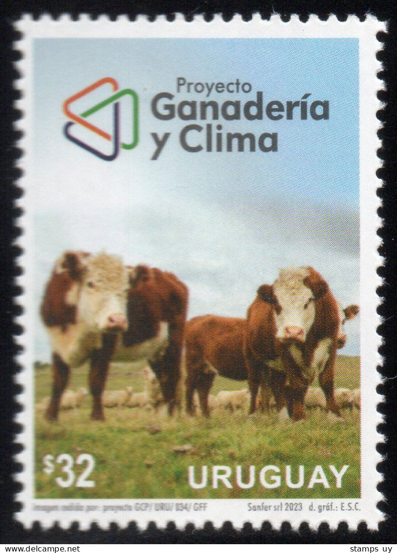 URUGUAY 2023 (Cattle Raising, Livestock, Food, Climate, Weather, Ecology, Animals, Cows, Sheeps) - 1 Stamp - Alimentation