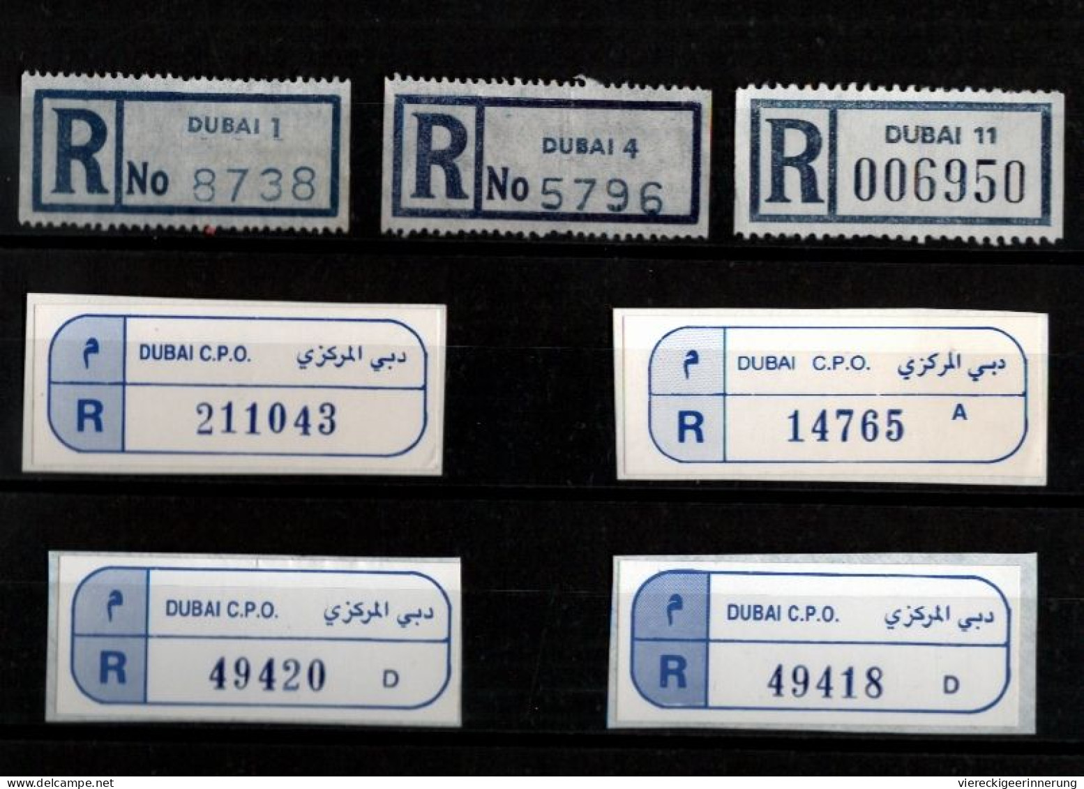 ! 1 Steckkarte Mit 7 R-Zetteln Aus Dubai, UAE, Trucial States, Einschreibzettel, Reco Label - Dubai