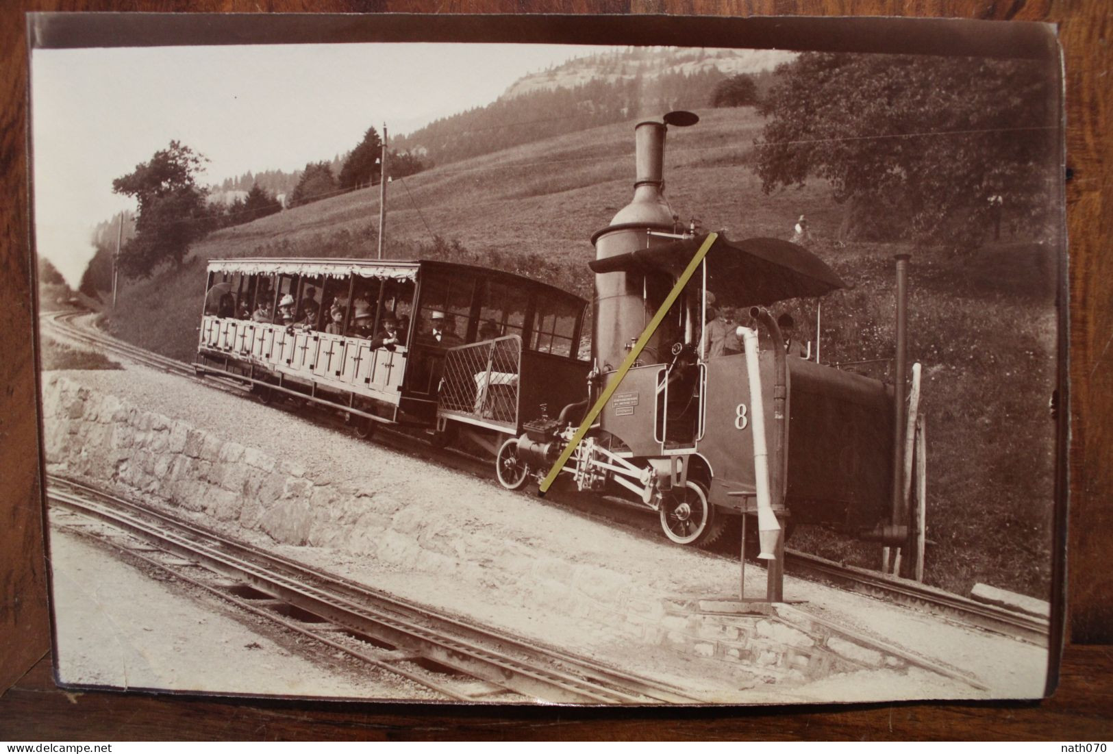 Photo Ancienne 1890's Locomotive à Vapeur Alpine Train Voyageurs Montagne Suisse France Tirage Print Vintage - Antiche (ante 1900)