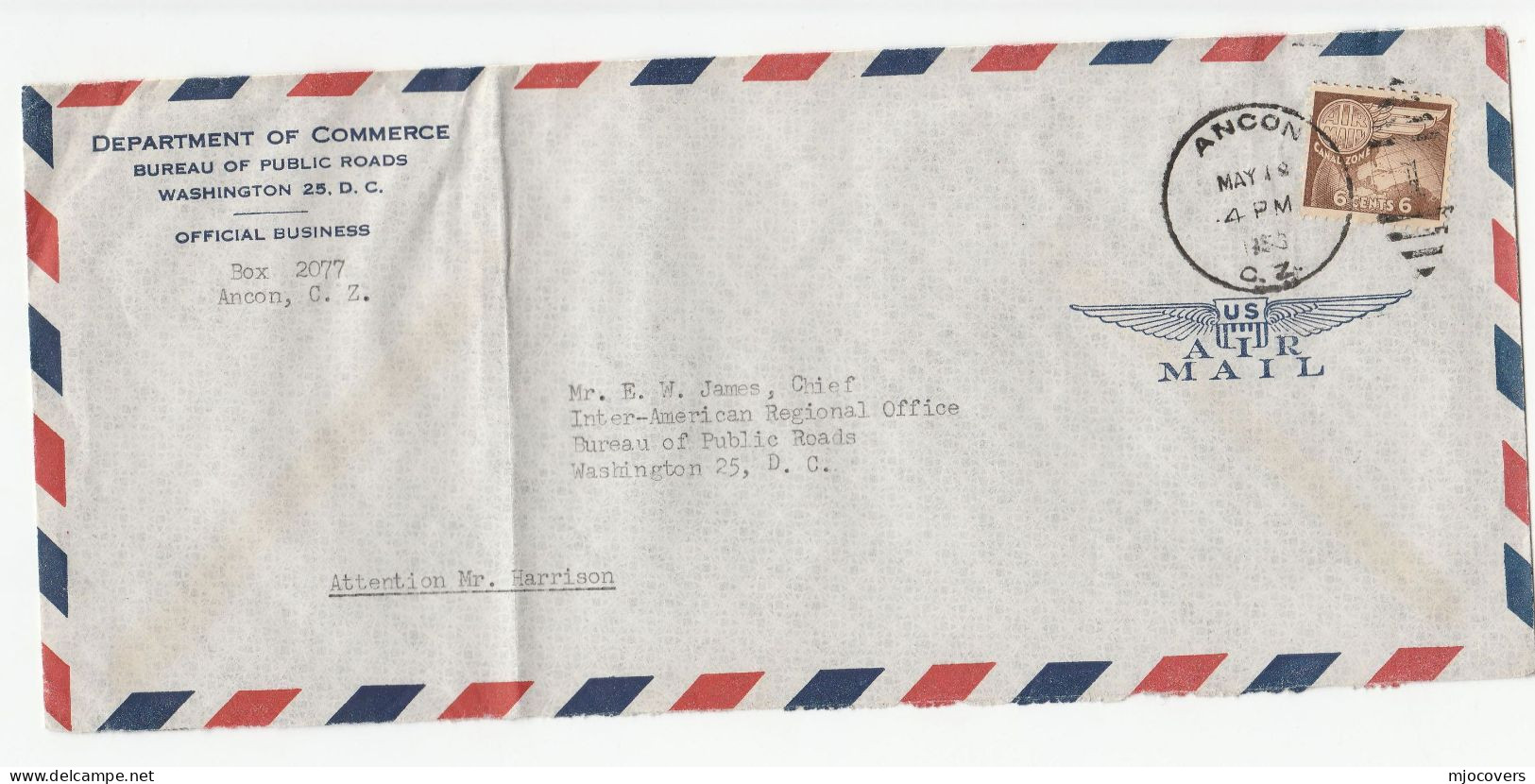 CANAL ZONE Dept Of ROADS To Public ROADS BUREAU WASHINGTON Air Mail Stamps COVER To USA - Kanalzone