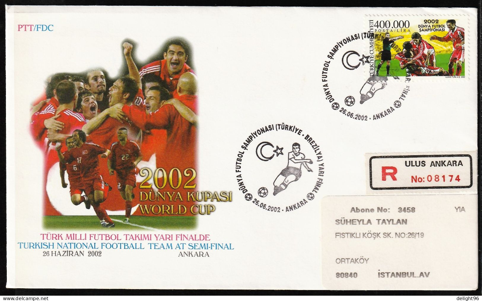 2002 Turkey Semifinal Match Vs. Brazil At FIFA World Cup In South Korea/Japan Postally Travelled Cover And Cancellation - 2002 – Corea Del Sud / Giappone