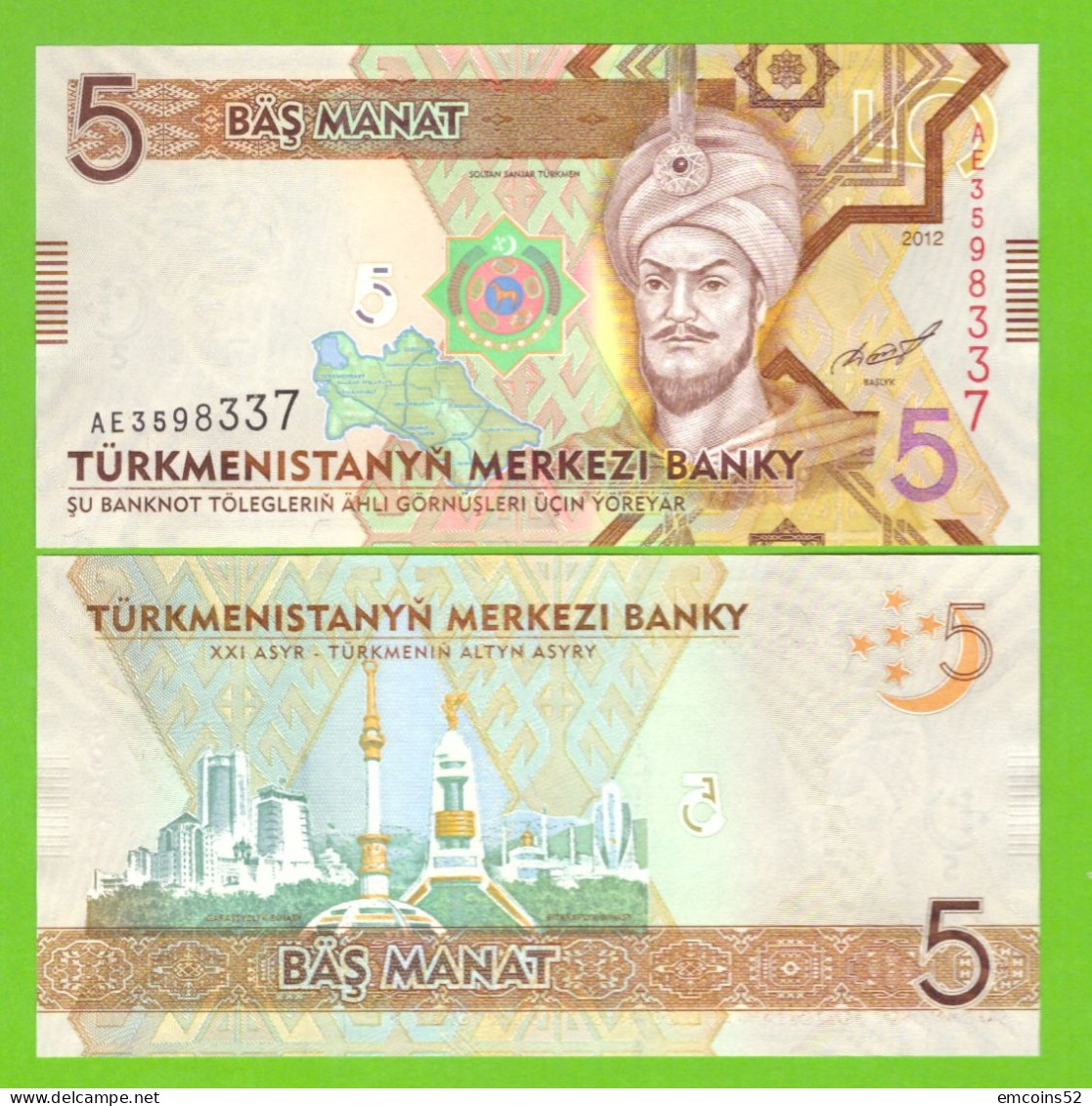 TURKMENISTAN 5 MANAT 2012 P-30a UNC - Turkménistan