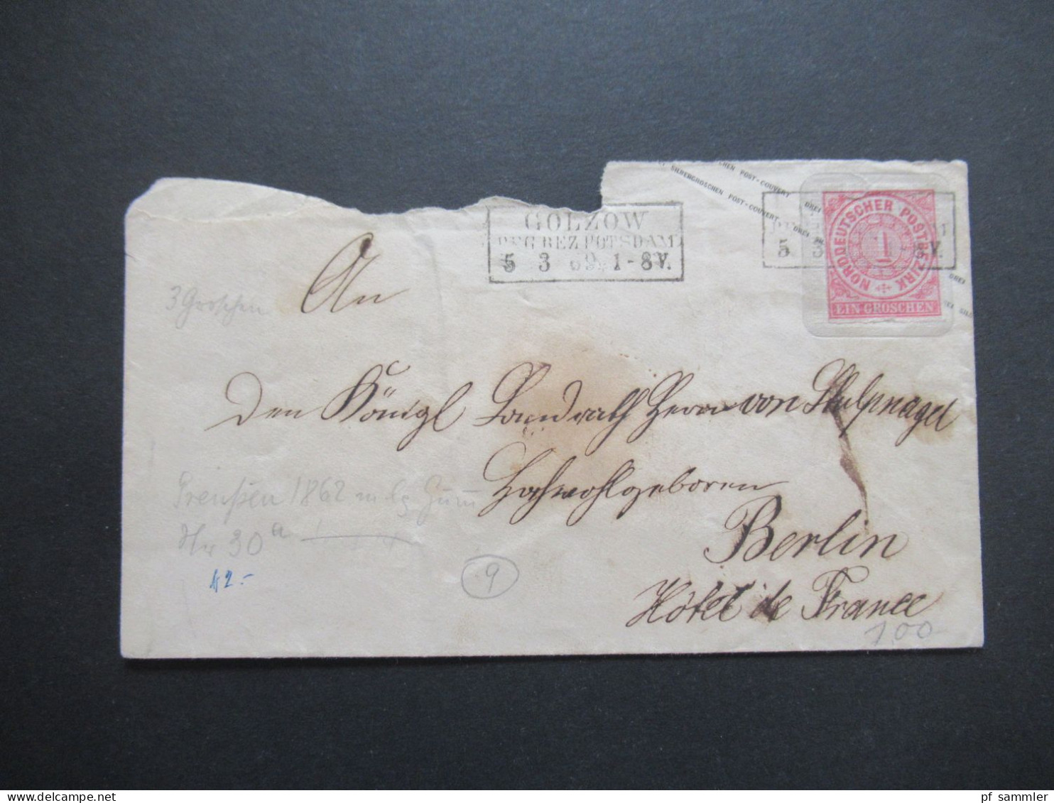 AD NDP 1869 GA Umschlag 1 Groschen Auf Umschlag Von Preußen U 30 Stempel Ra2 Golzow Reg Bez Potsdam - Entiers Postaux