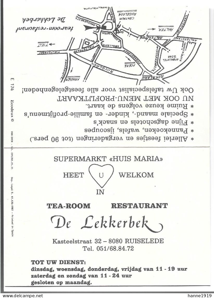 Ruiselede Kasteelstraat Tea Room Restaurant De Lekkerbek Etiquette Visitekaartje Htje - Cartes De Visite