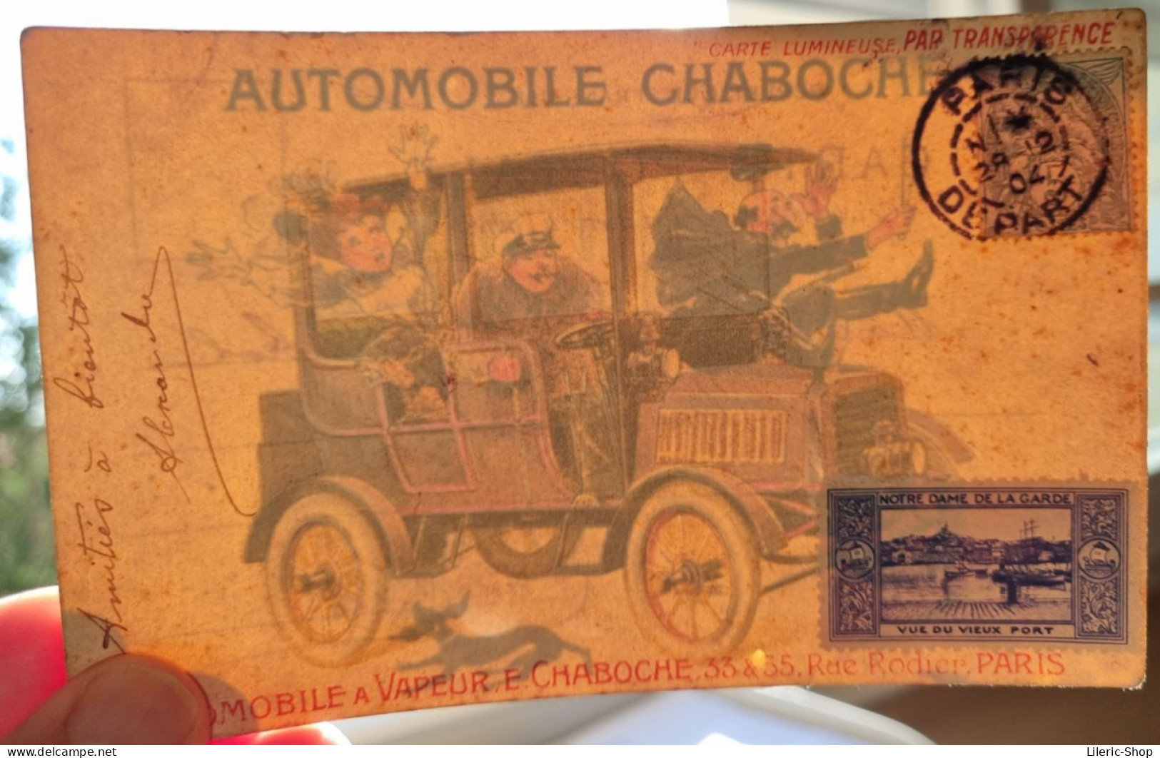 CARTE A SYSTEME PUBLICITAIRE CARTE LUMINEUSE AUTOMOBILE A VAPEUR E. CHABOCHE # HUMOUR CPA 1904 - Otros & Sin Clasificación